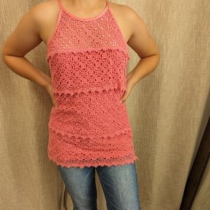 WHBM Tiered Crochet Size S Women's High Neck Strappy Top